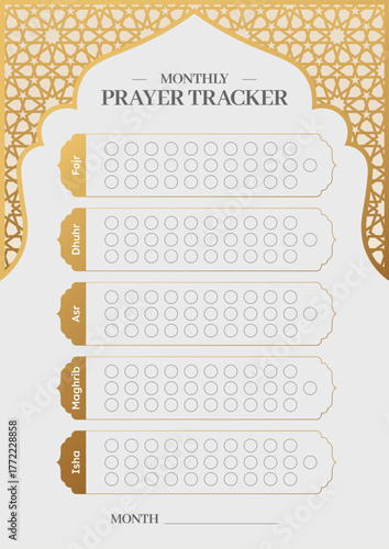 Monthly Islamic Prayer Salah Tracker Template with Elegant Golden Geometric Arch Design