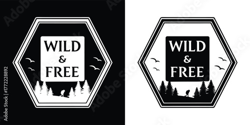 Hexagonal logo with text wild free and silhouette of trees and birds on black and white backgrounds, isolated on white background