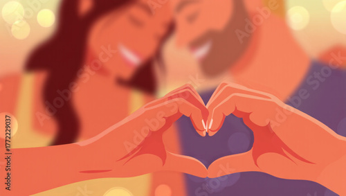 Couple forms heart shape with hands in romantic embrace