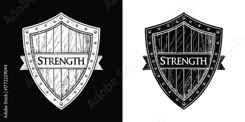Vintage shield emblem with the word strength, symbolizing power and resilience, presented in both black and white versions for versatile design use