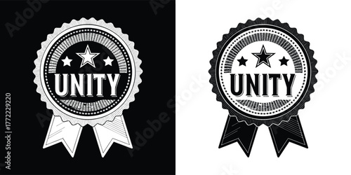 A black and white illustration of a circular badge with the word unity in the center and stars above, set against a black background and a white background