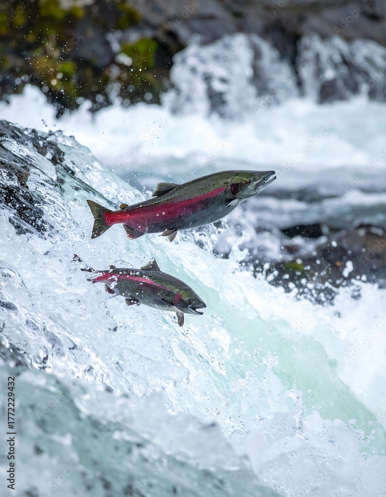 Fototapeta premium Two salmon leaping over cascading water, showcasing nature's power