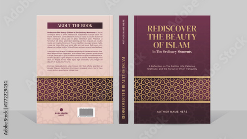 Luxury Islamic Book Cover Template in Burgundy and Gold with Moroccan Geometric Pattern