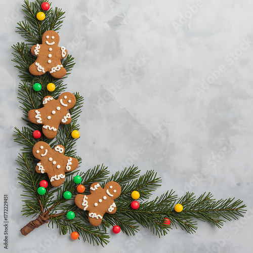 Festive christmas garland with gingerbread cookies and ornaments corner decoration