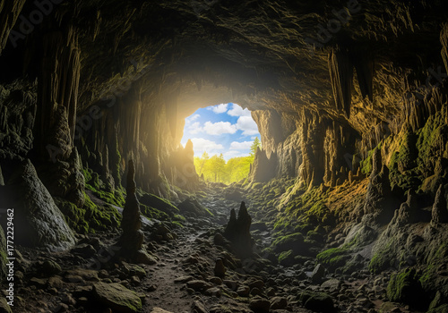 A picturesque view of the exit from a dark large cave into open terrain.