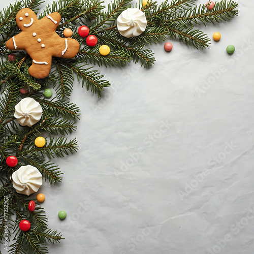 Festive christmas garland corner with gingerbread cookies and baubles for holiday decor