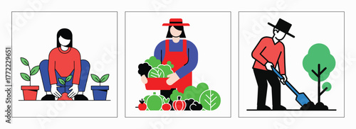 Gardening Lifestyle People Planting Vegetables And Trees Minimalist Flat Vector Design