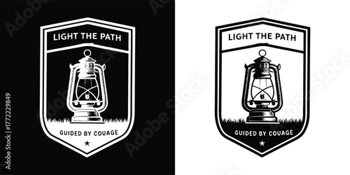 Vintage lantern logo with the text light the path and shined by courage on a dark background and a white background, isolated on white background