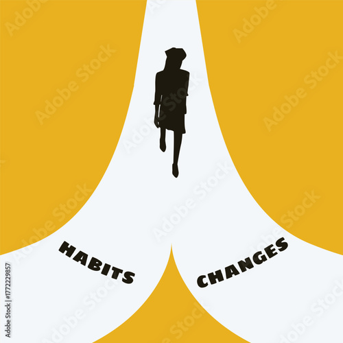 Vector illustration of a woman walking toward two diverging paths labeled Habits and Changes