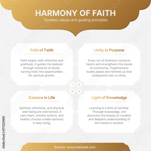 Arabic Islamic Infographic Template with Elegant Golden Arch Frames for Social Media and Concepts