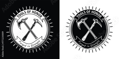 Circular emblem featuring crossed pickaxes, symbolizing tools of honor and strength