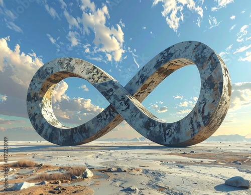 Large stone infinity symbol stands in desolate landscape under a cloudy sky