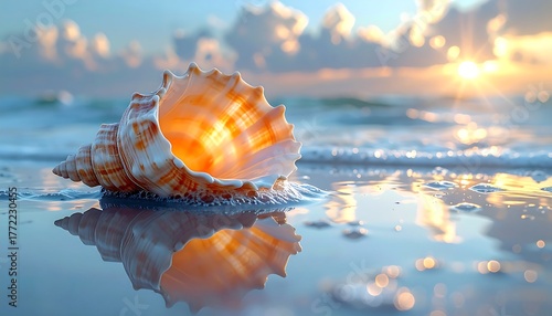 Large, sunlit seashell resting on wet sands by a gentle ocean