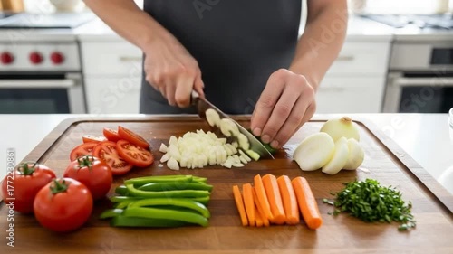 Close-up of Hands Chopping Fresh Onions on a Wooden Cutting Board with Assorted Vegetables in a Bright Modern Kitchen, Highlighting Healthy Meal Pr...