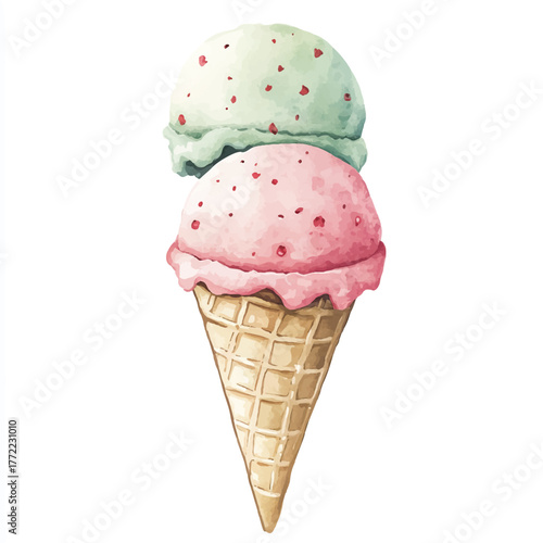 Delicious watercolor ice cream cone with two scoops of different flavors.