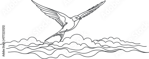 Flying bird illustration—wings extended above stylized waves or clouds, graceful motion and nature theme, black-and-white line art vector