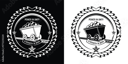 Vintage mining cart full of coal, emblem with laurel wreath and star, black and white illustration