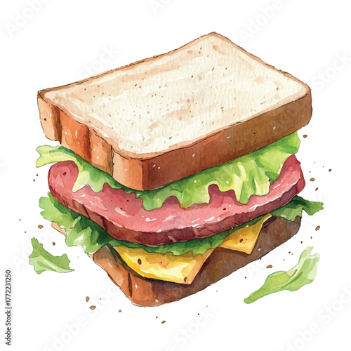 Delicious Watercolor Sandwich with Ham Cheese and Lettuce.