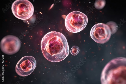 Microscopic View of Human Cells in Vivid Colors with Glowing Details.