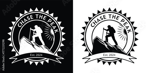 Black and white circular emblem logo with a silhouette of a hiker reaching a mountain peak, symbolizing adventure and achievement