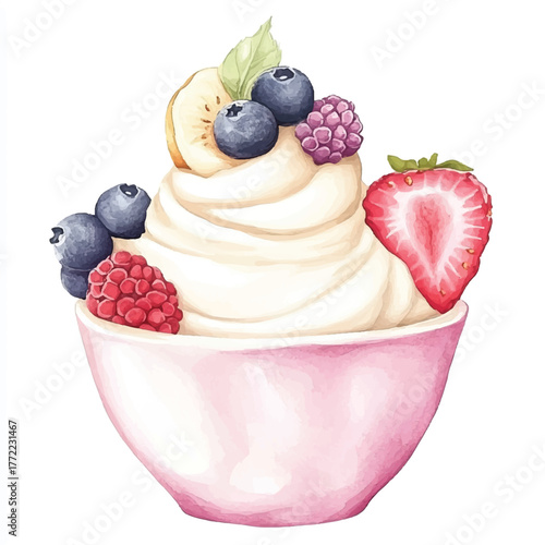 Delicious Yogurt Parfait with Fresh Berries and Fruit Toppings in Pink Bowl.