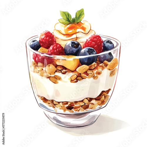 Delicious yogurt parfait with fresh berries and granola in a glass.
