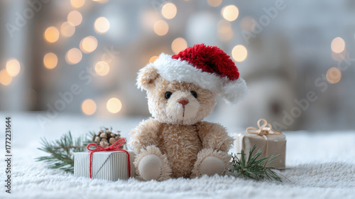 Teddy bear wearing a Santa hat with Christmas presents and bokeh lights.