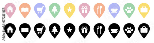 マップ用ランドマークアイコンセット（カラー・モノクロ）/Color and Monochrome Landmark Map Icons Set
