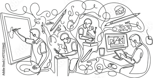 Creative arts illustration—five artists painting, sculpting, drawing, designing with tools and swirls, traditional and digital fusion, line art vector