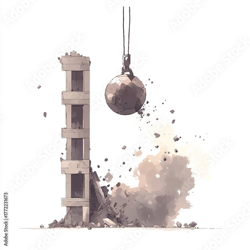 Demolition of a building with a wrecking ball in action.