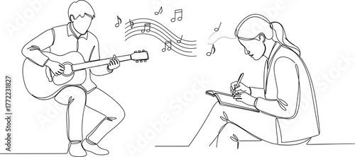 Creative duo illustration—guitarist and writer seated, musical notes floating, artistic inspiration and collaboration theme, black-and-white line art vector