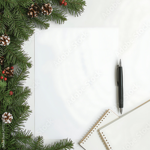 Festive christmas garland framing a blank space with pen and paper for holiday messages