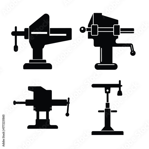 Bench Vise Silhouette Icons Collection for Workshop and Engineering