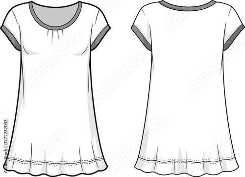 PrintCasual women t-shirt front and back flat sketch, short sleeve loose fit design, apparel fashion template illustration for clothing designers