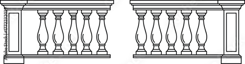 PrintClassic architectural balustrade design illustration, decorative balcony railing detail, elegant column structure drawing, traditional stone fence outline, vintage architecture concept,