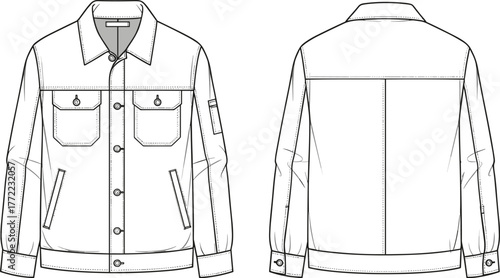 PrintClassic denim jacket fashion flat, front and back view technical drawing, stylish outerwear design illustration, detailed clothing template for fashion designers