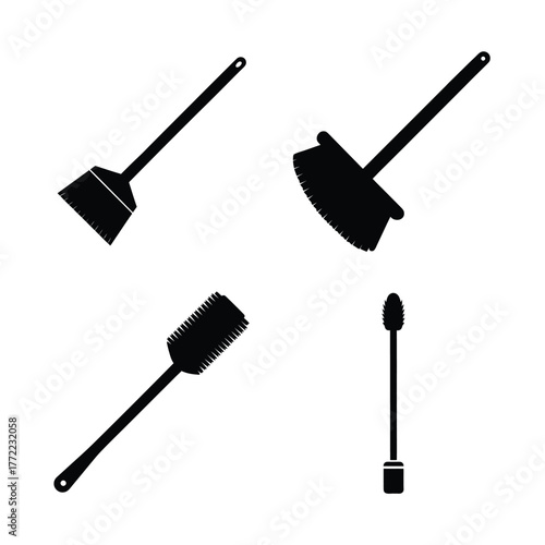 Cleaning brush silhouette icons collection for household and janitorial design