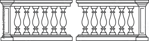 PrintClassic architectural balustrade drawing, elegant stone railing design, traditional balcony structure illustration, vintage fence detail, ornate pillar architecture, decorative symmetry art
