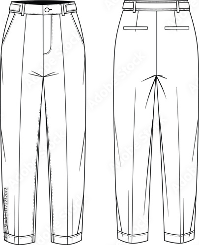 PrintClassic pleated trousers technical flat, fashion design illustration of tailored pants, front and back view clothing template, stylish apparel sketch for designers