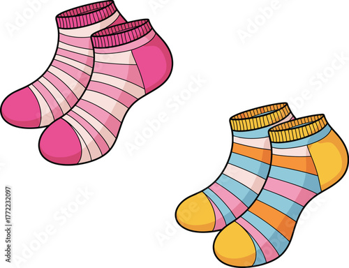 PrintColorful ankle socks vector illustration, striped cotton short socks design, cute fashion footwear for women, bright apparel accessory template