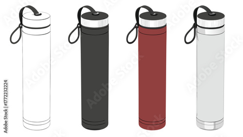 Water bottle product illustration three colors and accessories isolated on vector