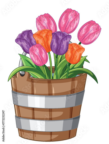 Colorful Tulips Arranged in Wooden Bucket Illustration