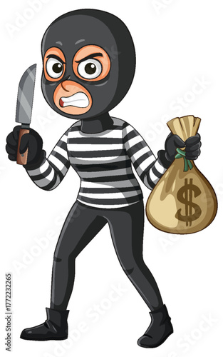 Cartoon Burglar Holding Knife and Money Bag