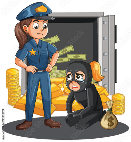 Police Officer Catching Crying Burglar in Bank Vault
