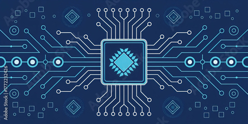 Tech circuit chip concept, symmetric line design, digital geometry, vector illustration, sci-fi decor, innovation element, electronic art, modern technology, visual layout, tech background.