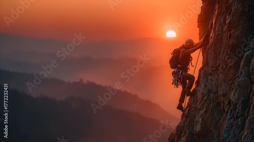 Rock climber ascends a steep cliff face at sunset showcasing adventure skill and the beauty of nature in a challenging outdoor pursuit