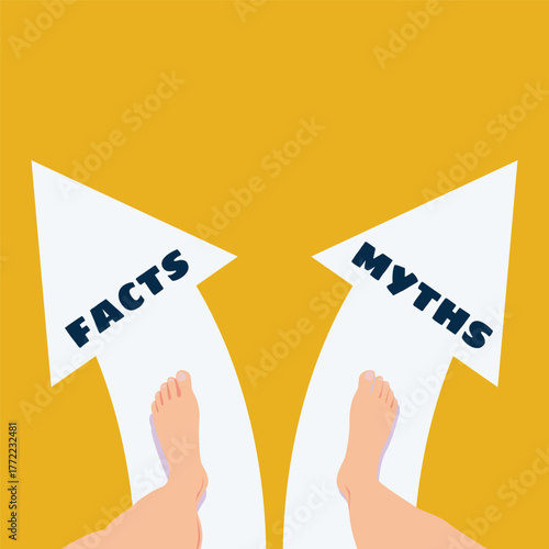 Vector illustration of a person standing at a crossroads choosing between facts and myths