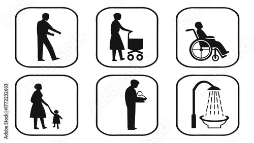 Pictograms for accessibility services including people in wheelchairs and baby strollers vector