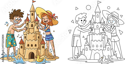 Children building sandcastle on beach, summer fun, teamwork, colorful shovels, water splash, rubber duck, creative play, cartoon style, coloring page, seaside vacation illustration