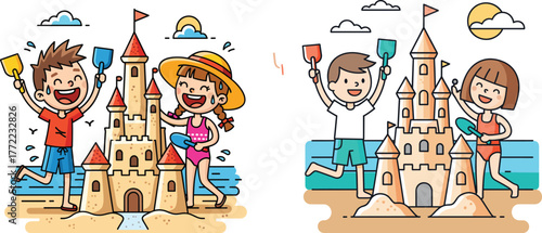 Children building sandcastles on sunny beach, teamwork, summer fun, ocean waves, colorful shovels, creative play, happy kids, vacation activity, seaside illustration
